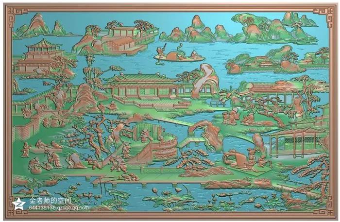 平几面板山水精雕图作品